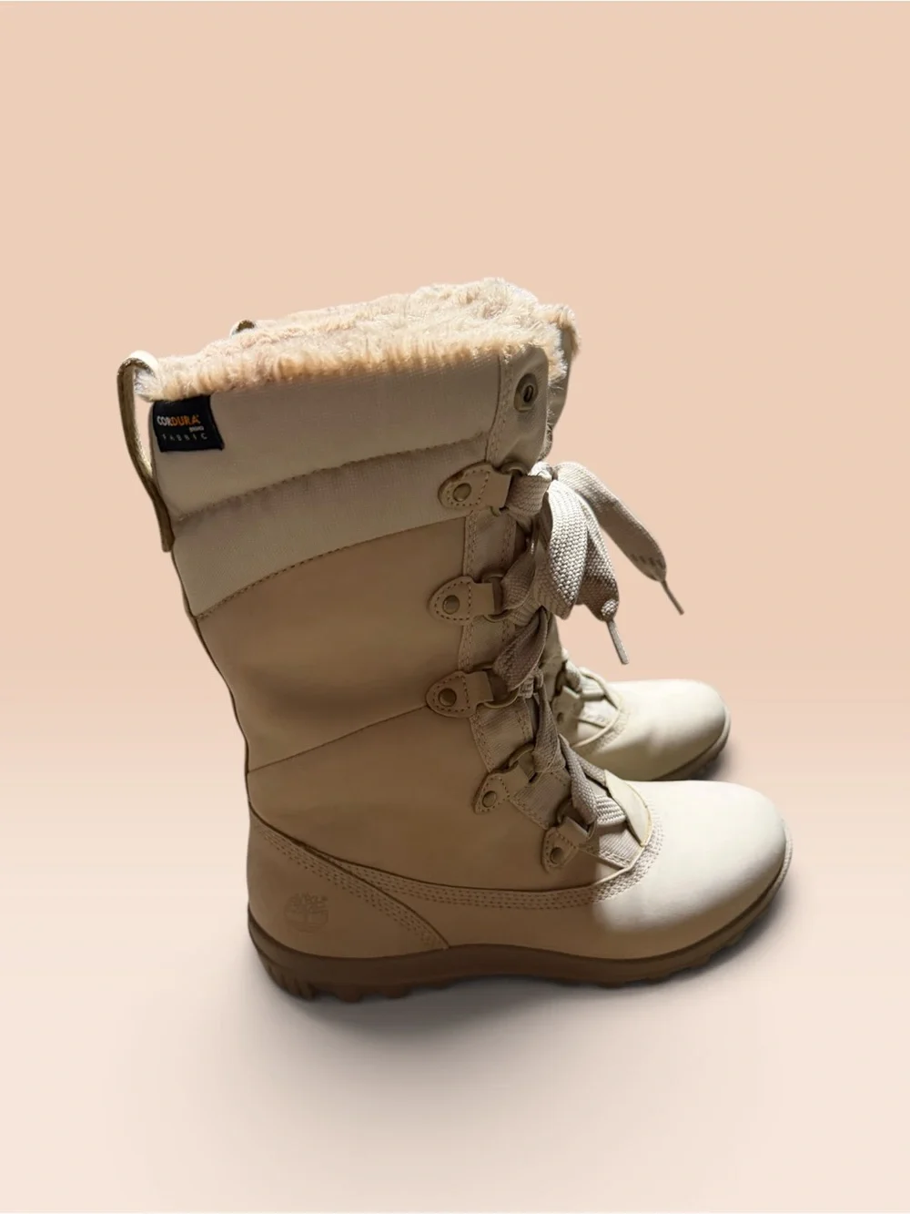 Timberland Unisex Beige Leather Waterproof Faux Fur Lace-Up Mid-Calf Boots 7.5